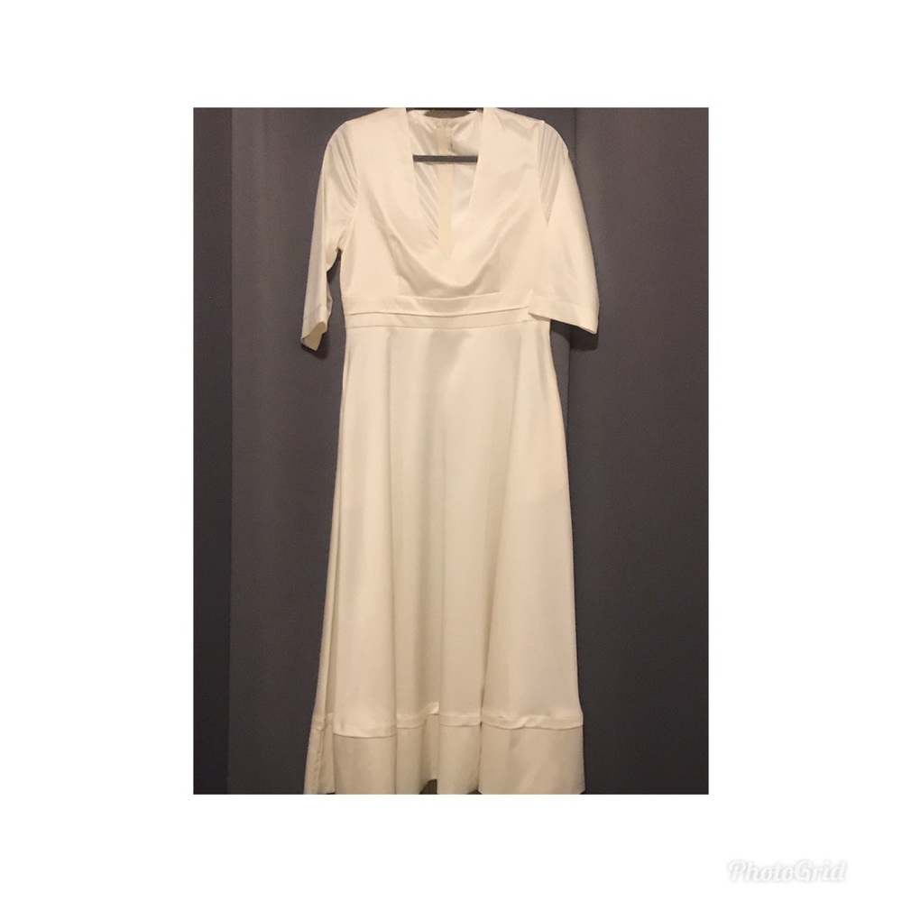 Cream satin deep vneck midi formal dress